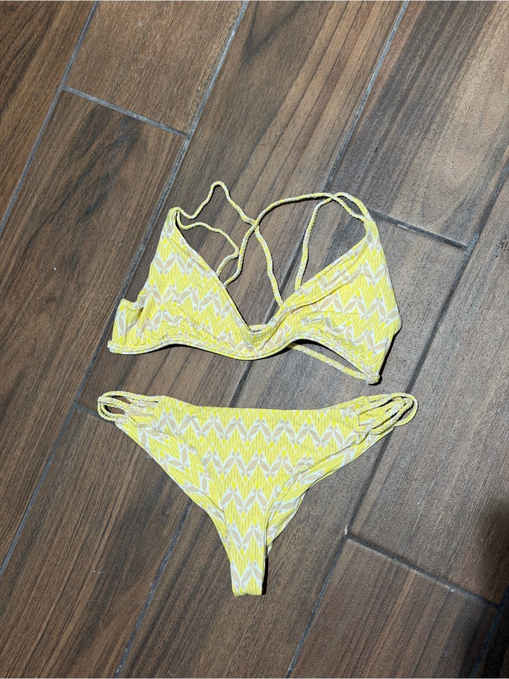 Frankie’s Bikinis Vintage Yellow Patterned Strappy Bikini Set